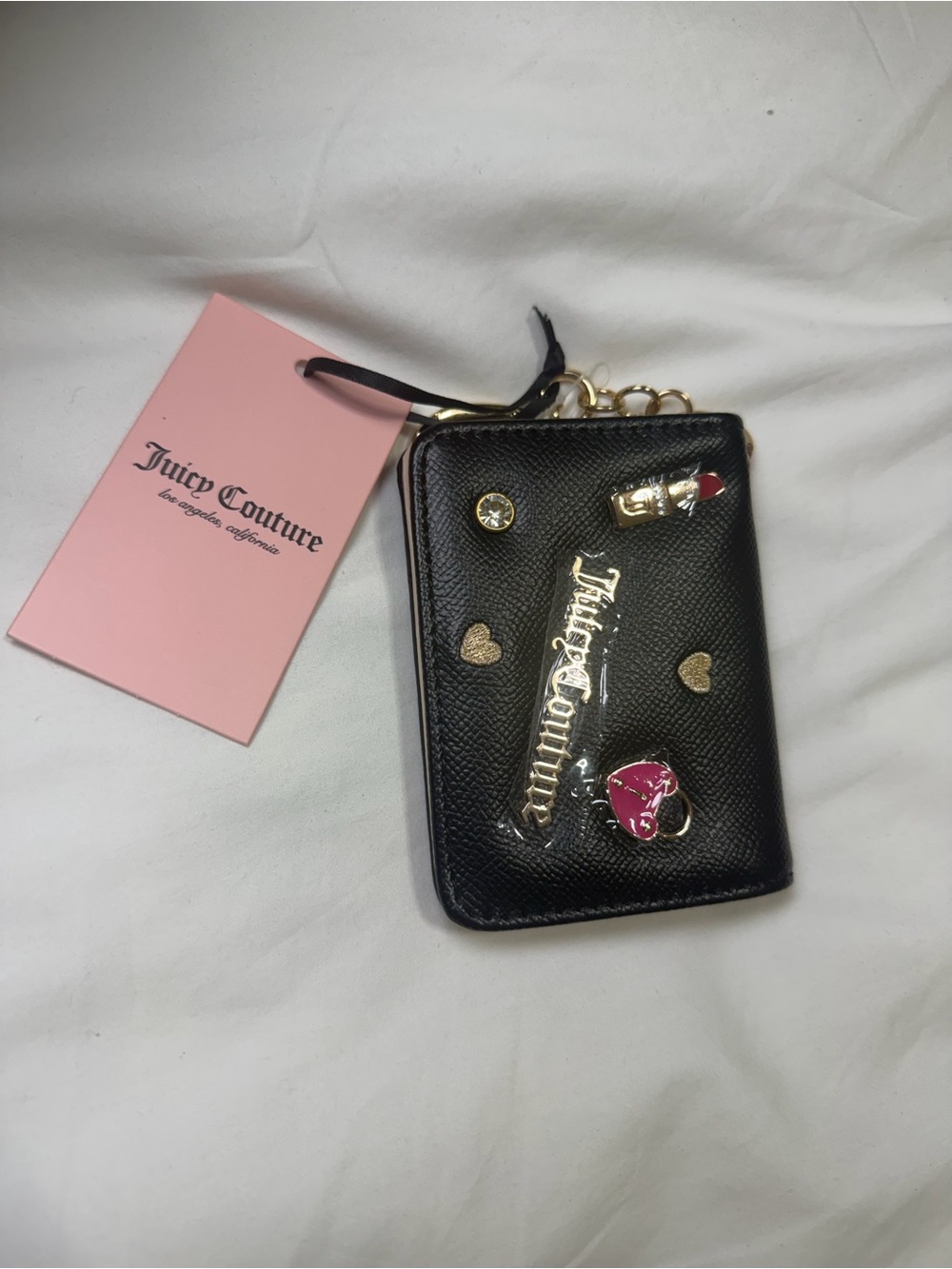 Juicy Couture Black Card Holder with Pink Heart Charm and Gold Accents